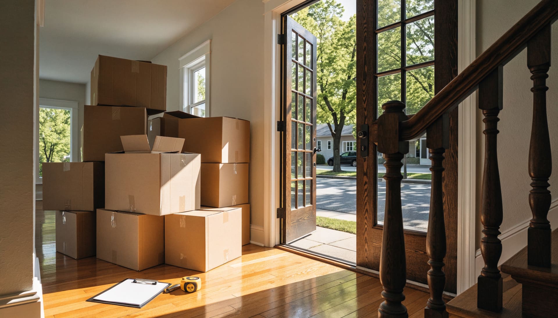 Packed moving boxes and a clipboard in a bright hallway (representative image)