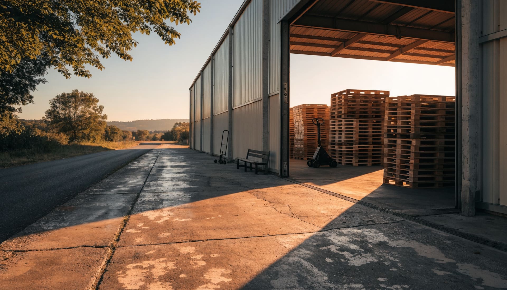 An open warehouse bay door at the end of the day (representative image)