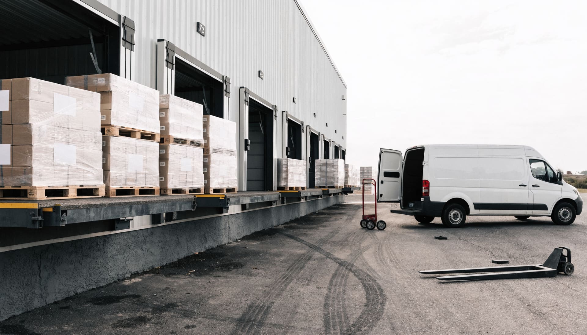 Boxes and pallets lined up at a loading dock with a van's rear doors open (representative image)